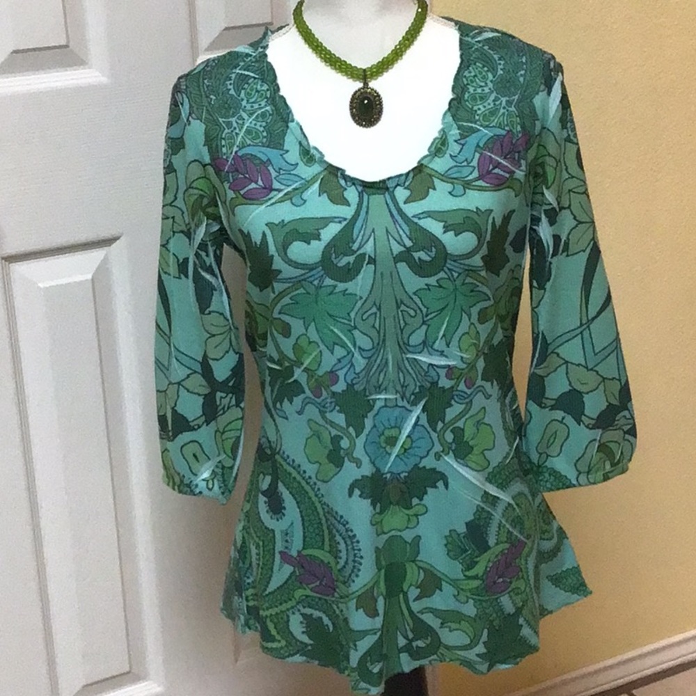 JANE ASHLEY TUNIC FLORAL GREENS TOP M